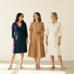 Three women with rectangle body shapes wearing a wrap dress, fit-and-flare dress and belted shirt dress
