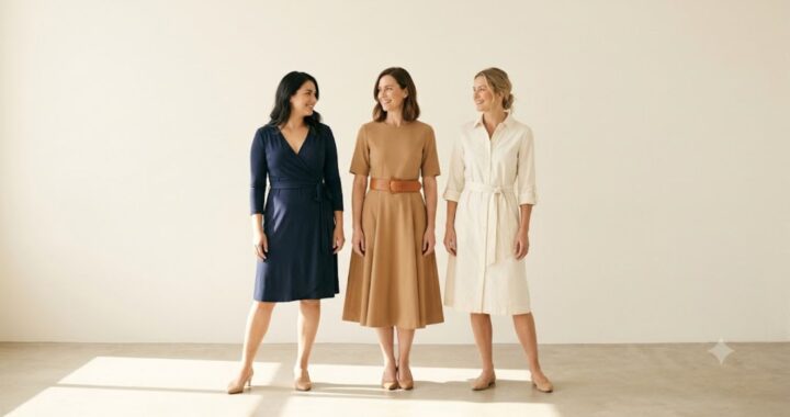 Three women with rectangle body shapes wearing a wrap dress, fit-and-flare dress and belted shirt dress