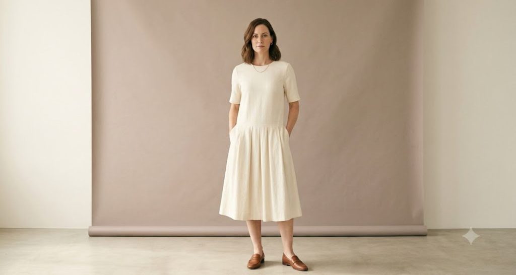 Cream drop-waist dress with a hip seam on a rectangle body shape
