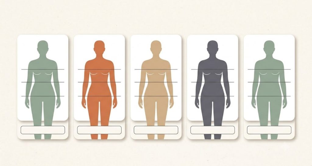 Comparison chart of hourglass, pear, apple, rectangle, and inverted triangle body shapes