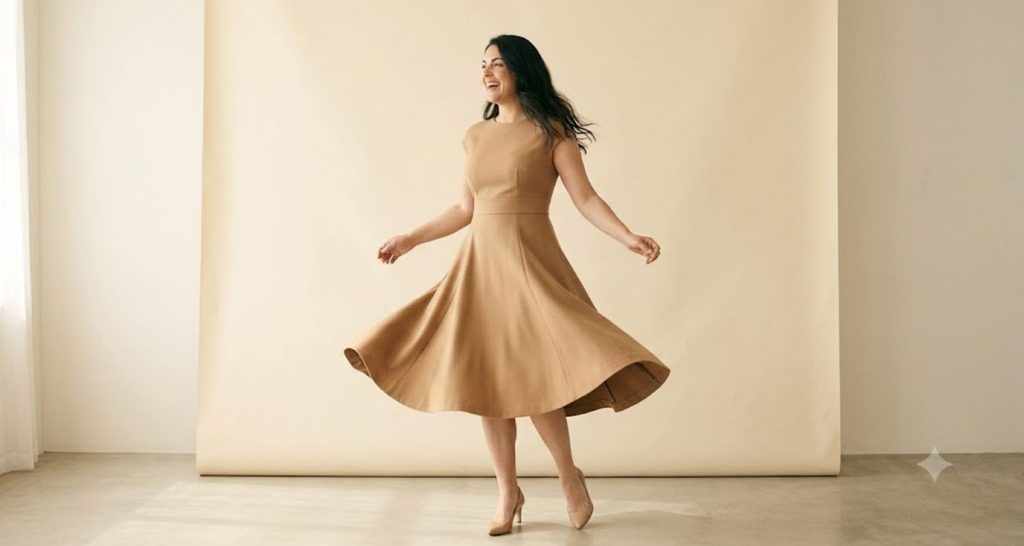 Camel fit-and-flare dress creating hip volume on a rectangle body shape