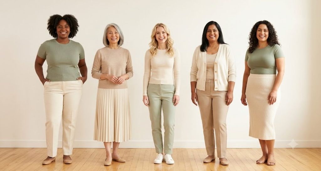 Five women with different body shapes standing together in neutral outfits