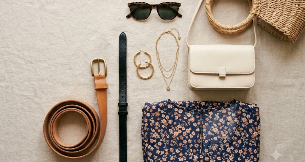 Flat lay of belts, gold hoop earrings, a straw tote and a structured clutch beside floral fabric