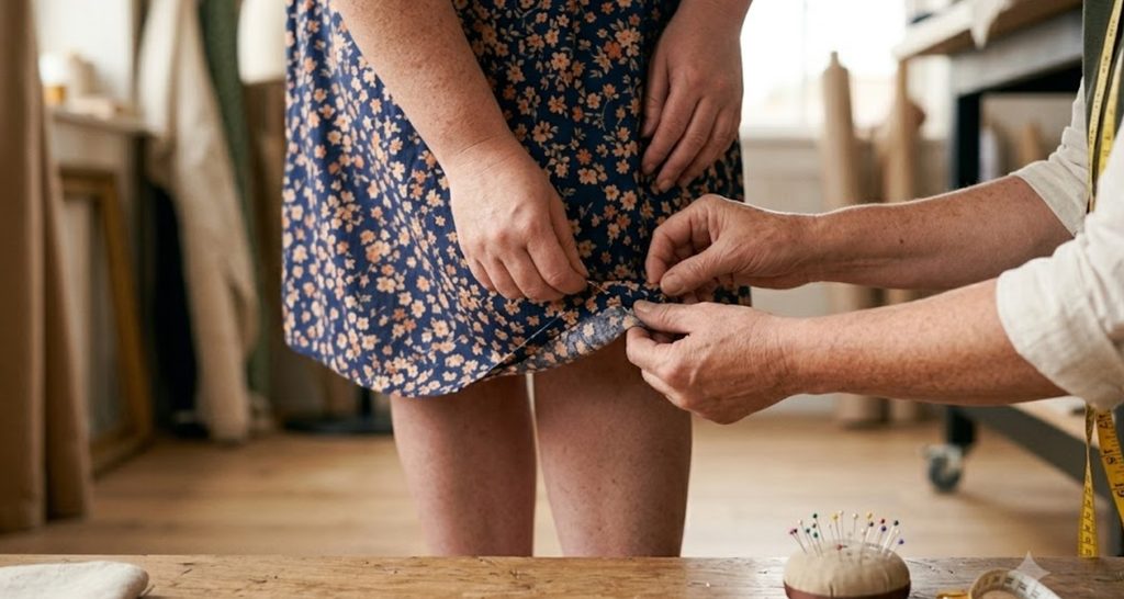 Tailor pinning the hem of a plus size floral dress to adjust the length