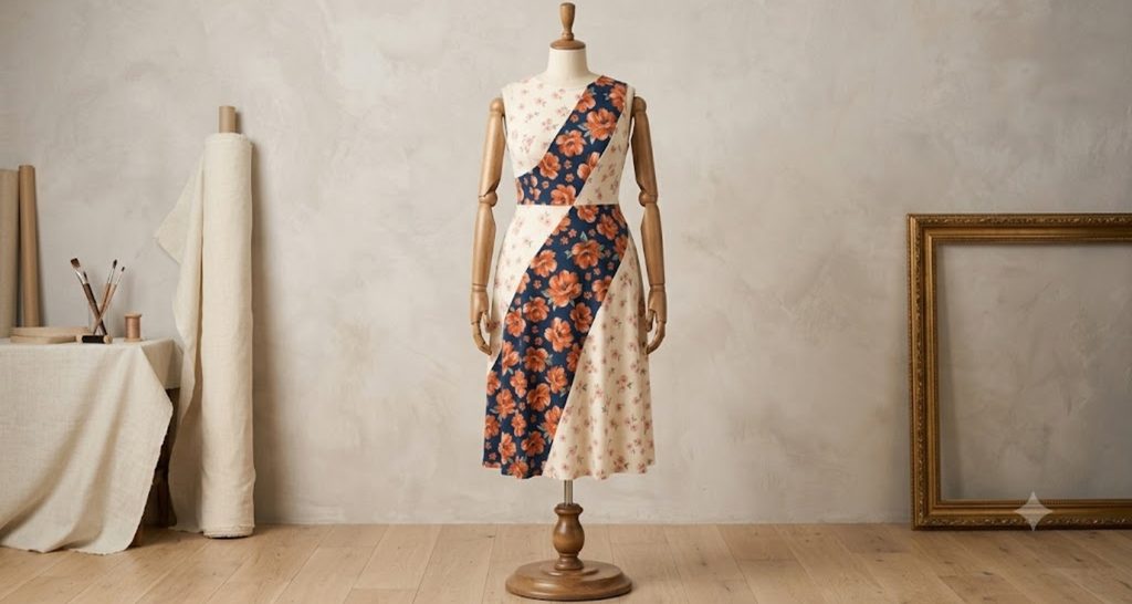 Floral dress on a dress form showing vertical print placement across the bodice