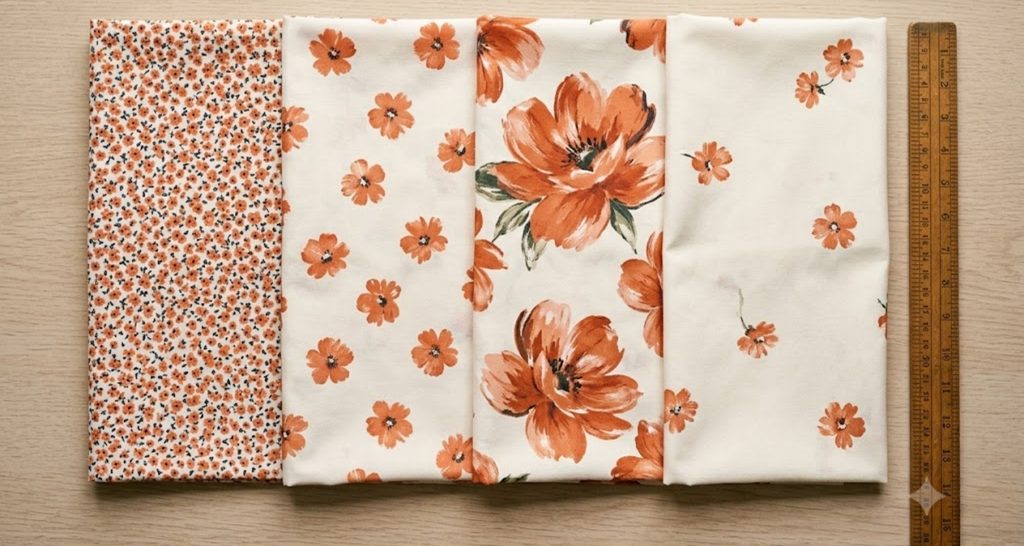 Close-up comparison of small ditsy floral versus large bold floral fabric