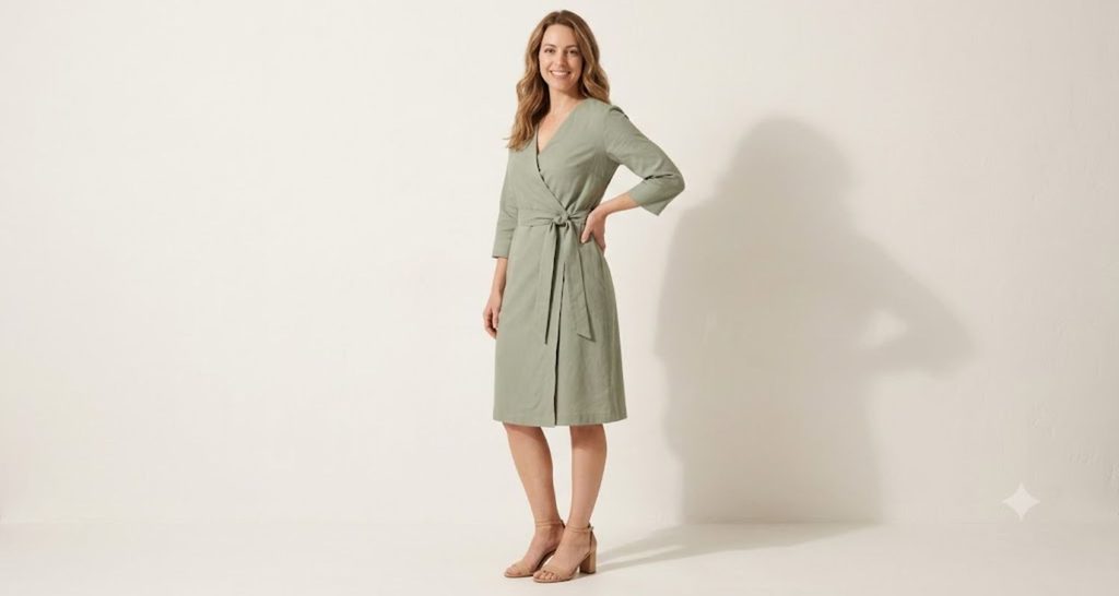 Woman with an hourglass body shape wearing a green wrap dress