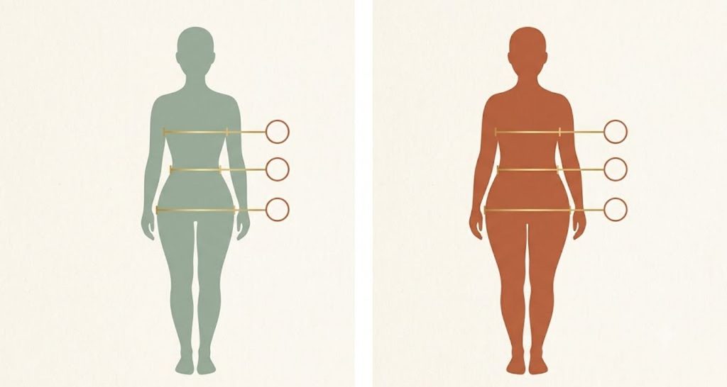 Example measurements comparing an hourglass and a pear body shape