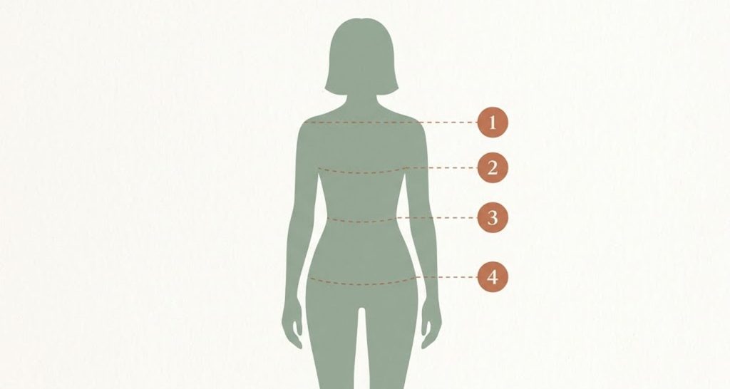 Diagram showing where to measure bust, waist, hips, and shoulders