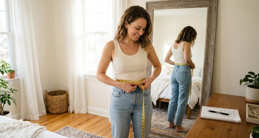 Woman measuring her waist with a tape measure to find her body shape