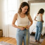 Woman measuring her waist with a tape measure to find her body shape