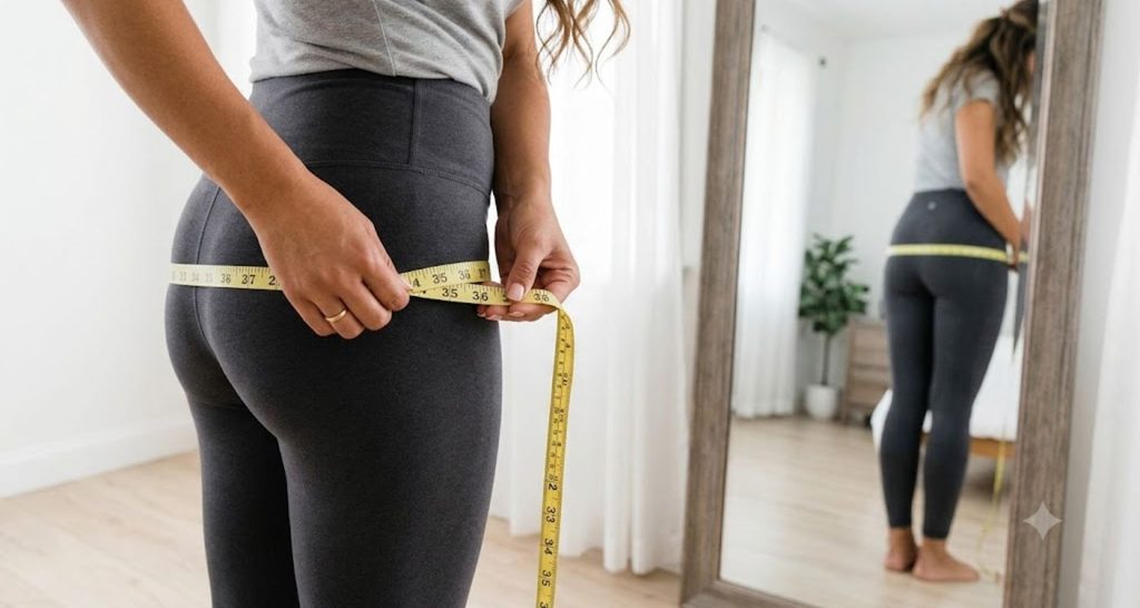 Measuring hips at the widest point with a level tape measure