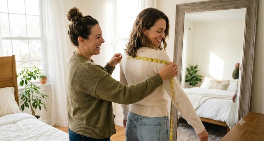 A friend helping measure shoulder width with a tape measure