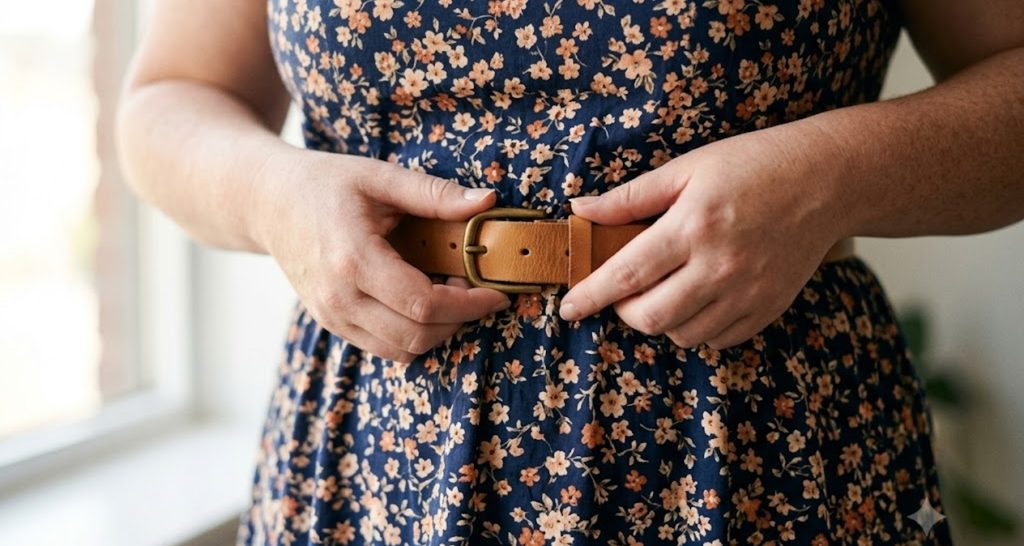 Close-up of hands fastening a tan leather belt at the waist of a floral dress