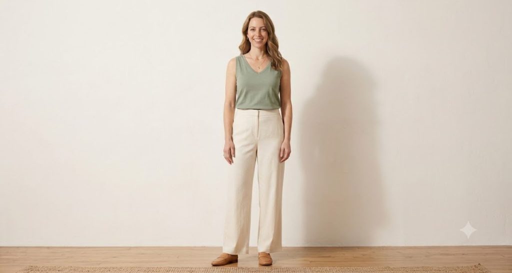 Woman with an inverted triangle body shape wearing a V-neck top and wide-leg trousers