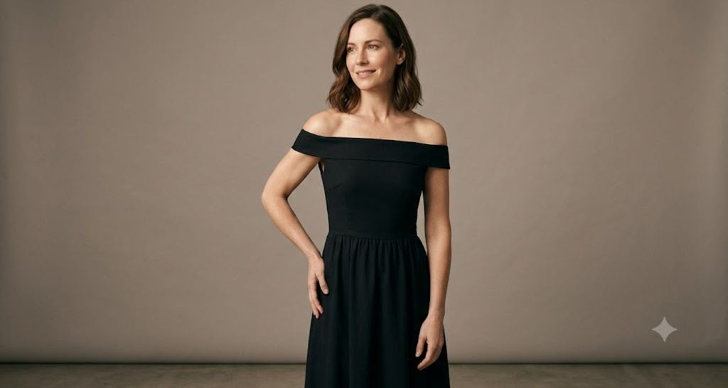 Black off-shoulder dress highlighting shoulders on a rectangle body shape