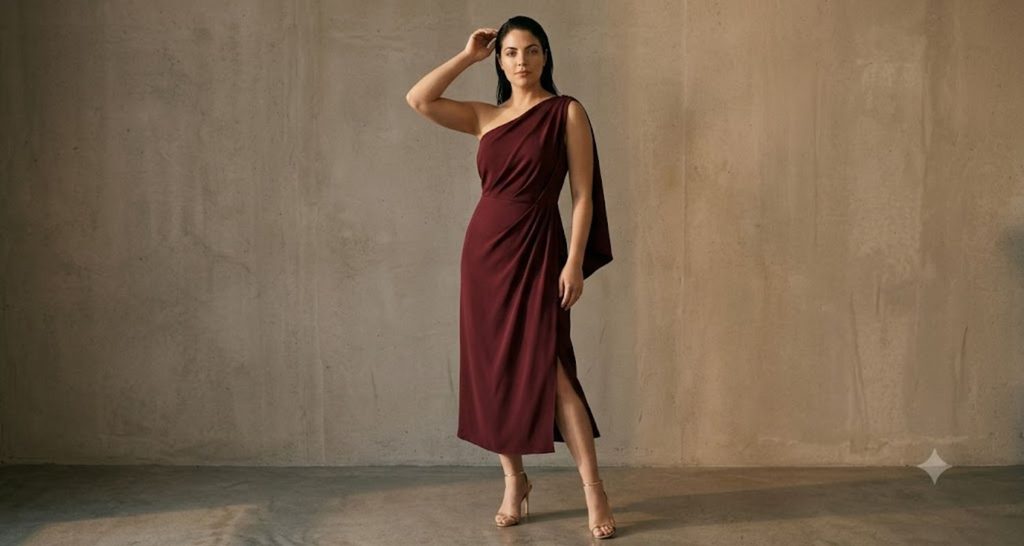 Burgundy one-shoulder dress with diagonal draping on a rectangle body shape