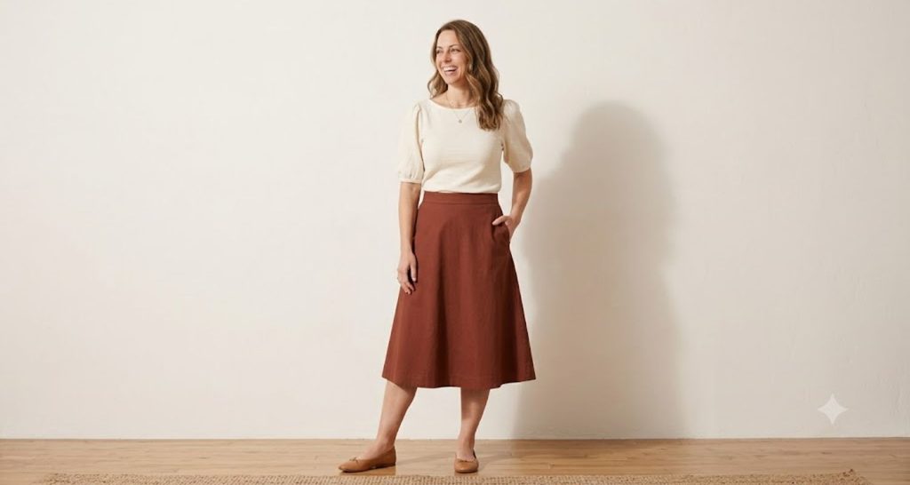 Woman with a pear body shape wearing a boat-neck top and A-line skirt
