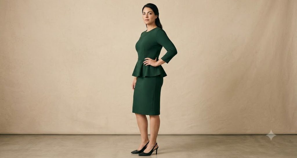 Green peplum dress adding hip curve to a rectangle body shape