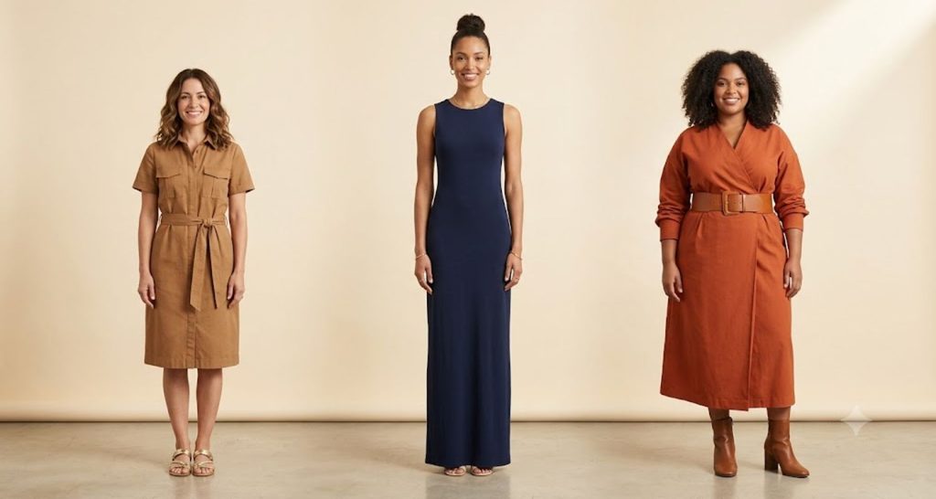 Petite, tall and plus-size women with rectangle body shapes in flattering dresses