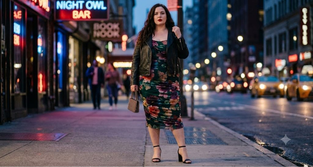 Plus size woman in a ruched floral bodycon midi dress with a leather moto jacket and heels