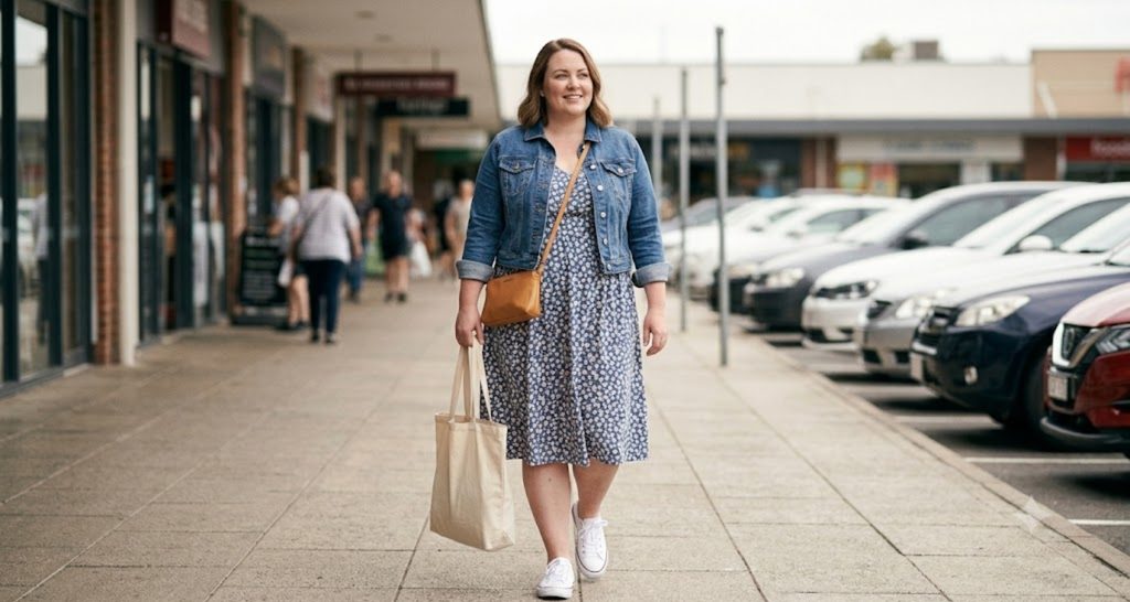 Plus size woman in a ditsy floral midi dress with white sneakers and a cropped denim jacket