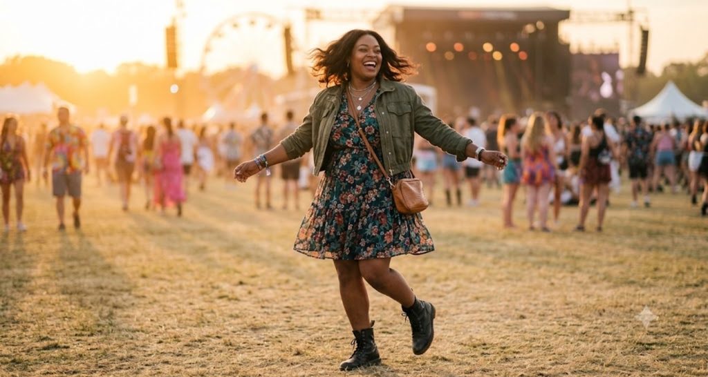 Plus size woman in a tiered floral babydoll dress with combat boots and a utility jacket