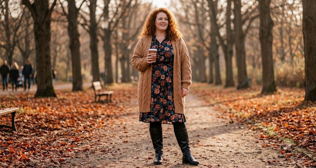 Plus size woman layering a floral midi dress with a camel cardigan, black tights and boots