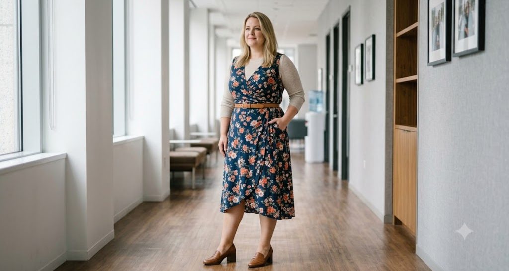 Plus size woman in a floral wrap dress with an oatmeal knit shell and block heel loafers