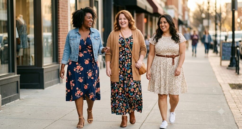Three plus size women in floral dresses styled with denim, blazers and boots for different occasions
