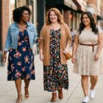Three plus size women in floral dresses styled with denim, blazers and boots for different occasions