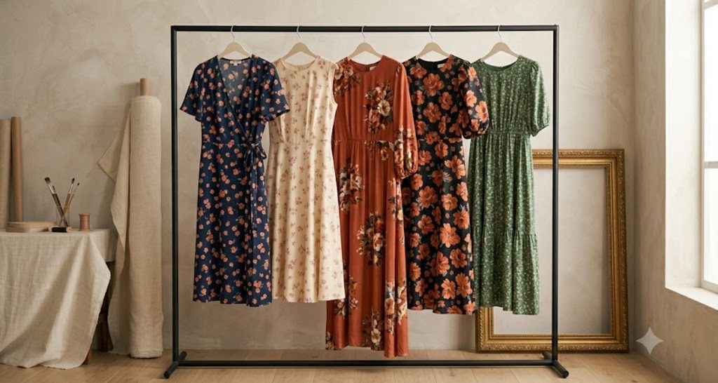 Five floral dresses in different plus size silhouettes hanging on a garment rack