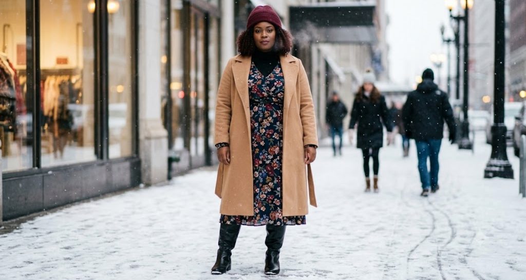 Plus size woman in a long sleeve floral maxi dress with a belted wool coat and tall boots