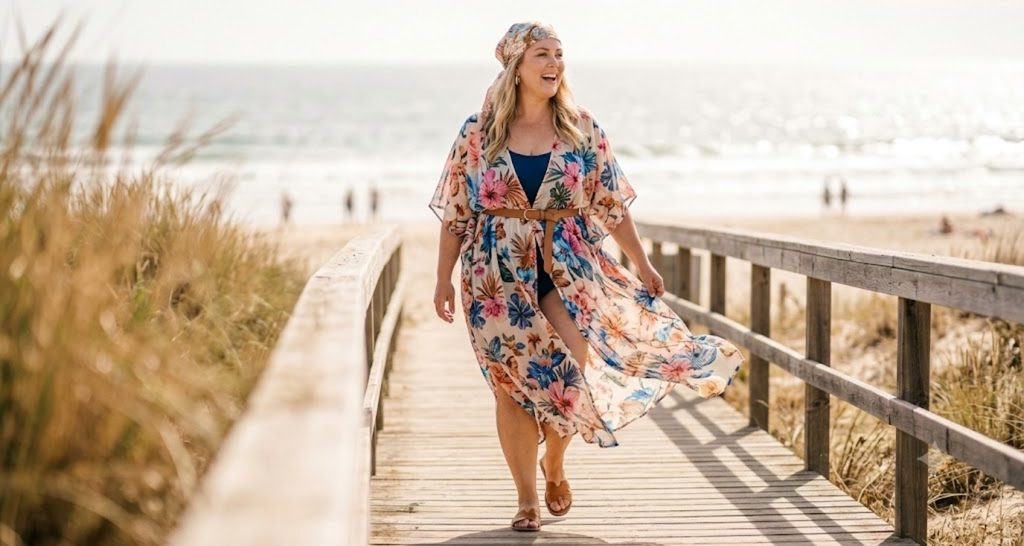 Plus size woman in a sheer floral kaftan cover-up over a swimsuit on a beach boardwalk