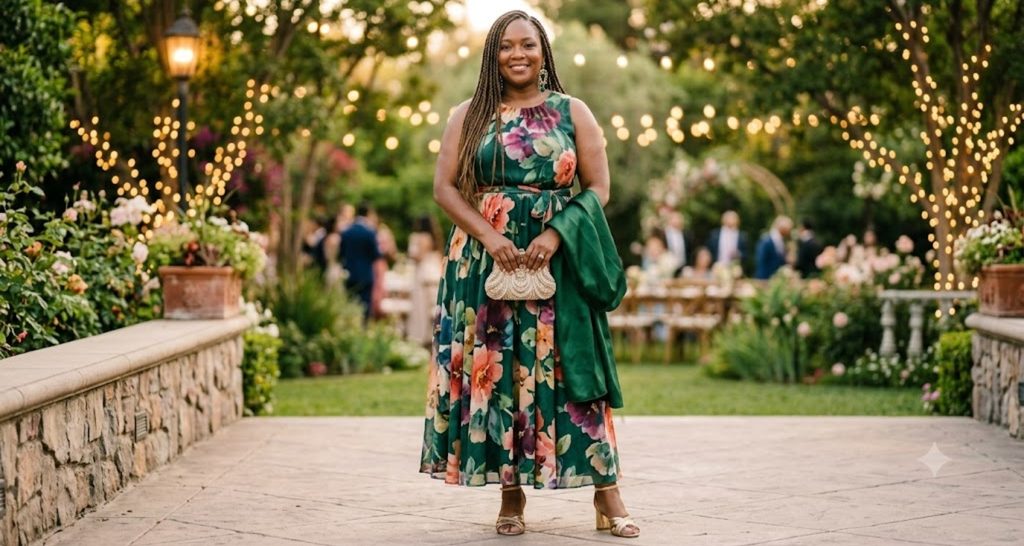 Plus size woman in a dark floral maxi dress with strappy heels at an evening reception