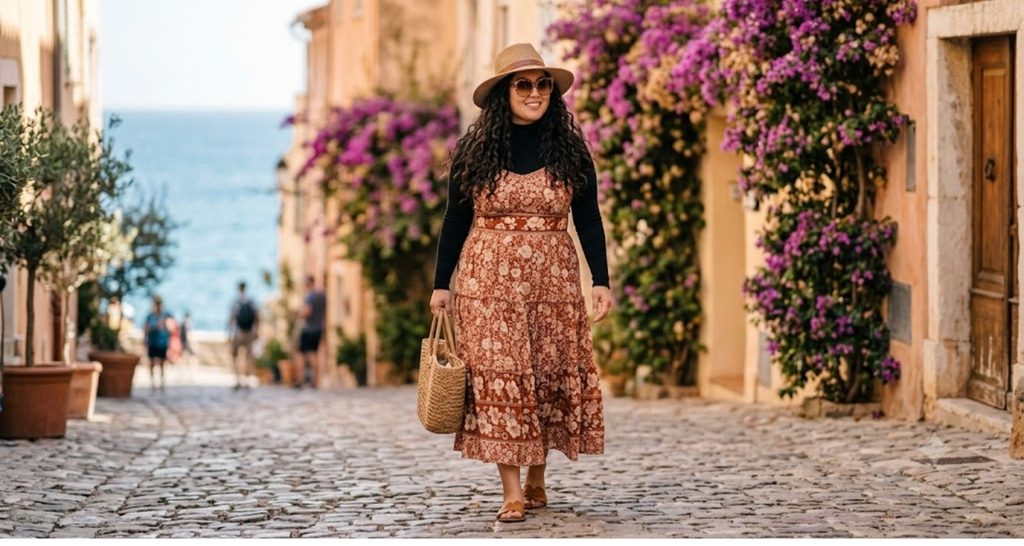 Plus size woman in a tiered floral maxi dress with a straw tote and wide brim hat