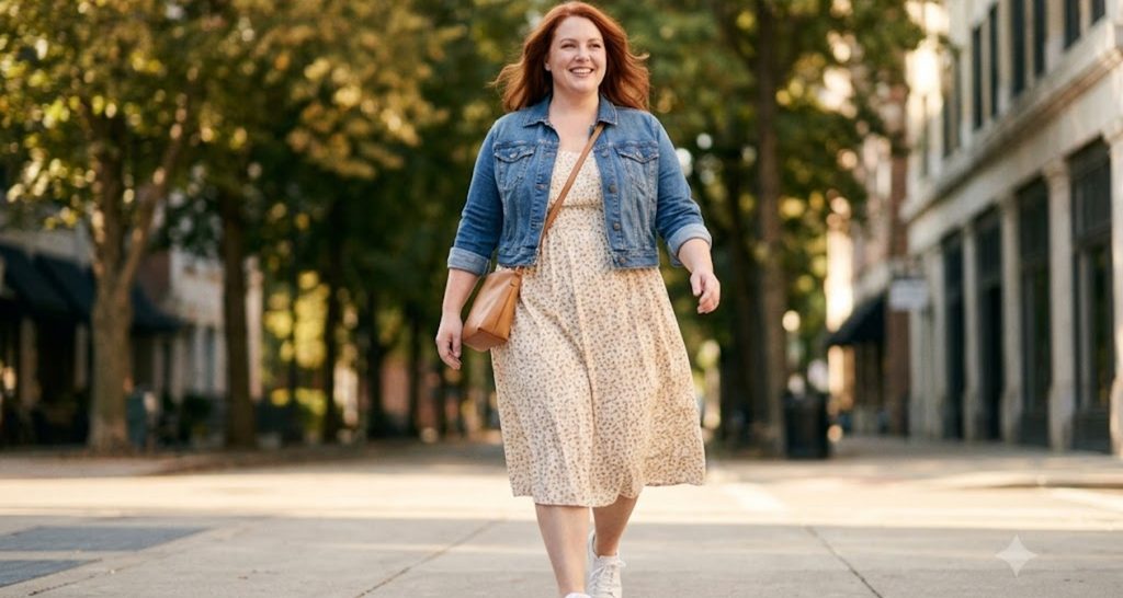 Plus size woman in a floral midi dress and denim jacket walking on a sunny street