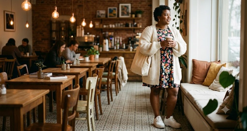 Plus size woman in a black floral shift dress and oversized cream cardigan at a café window