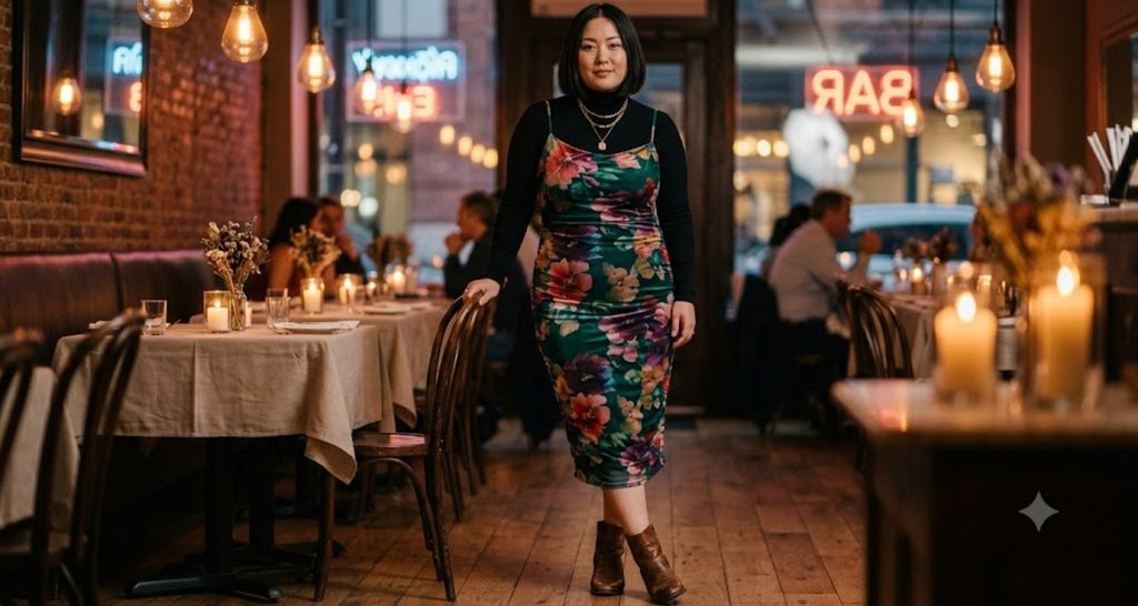 Plus size woman wearing a floral slip dress over a black turtleneck with ankle boots