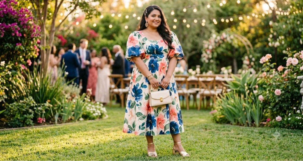 Plus size wedding guest in a watercolor floral midi dress with block heel sandals on a lawn