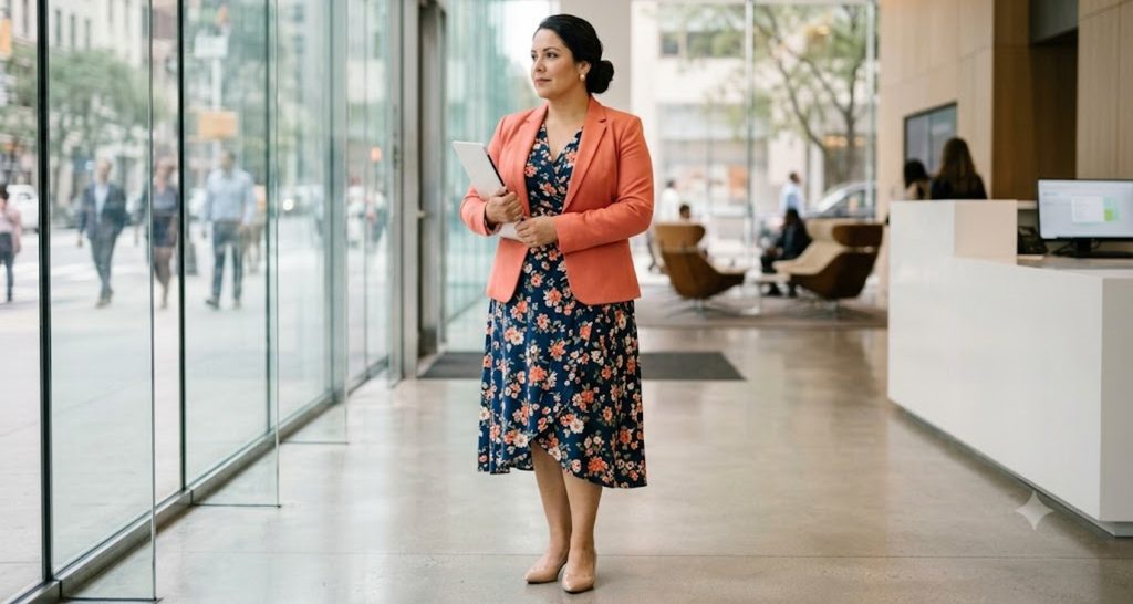 Plus size woman in a navy floral wrap dress with a coral blazer and pointed flats
