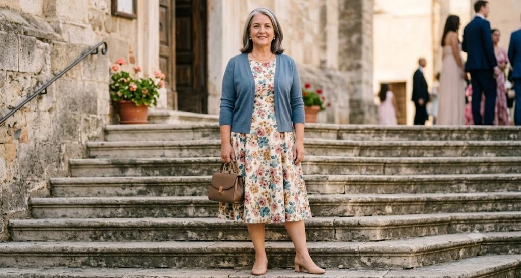 Plus size woman in a modest floral A-line dress with three-quarter sleeves and a cardigan