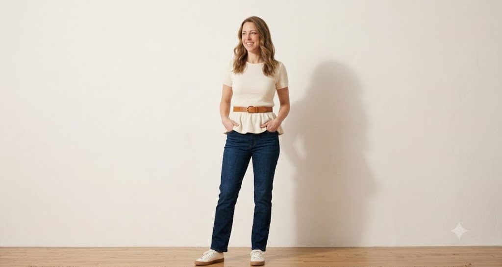 Woman with a rectangle body shape wearing a belted peplum top and straight jeans
