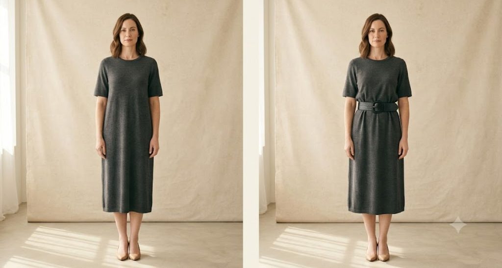 Before and after showing an unbelted versus belted dress on a rectangle body shape