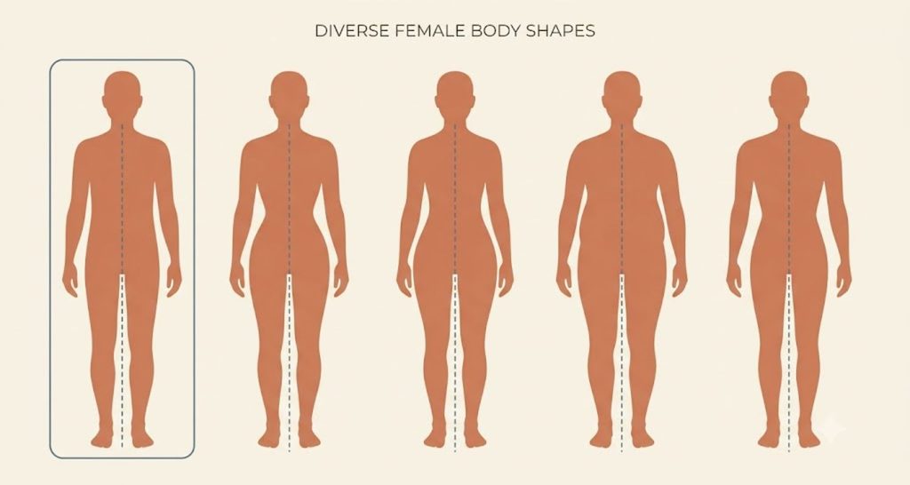Comparison chart of rectangle, hourglass, pear, apple and inverted triangle body shapes