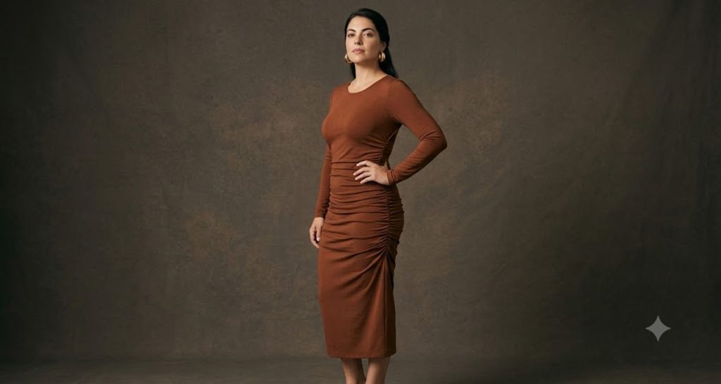 Rust ruched bodycon dress creating curve on a rectangle body shape