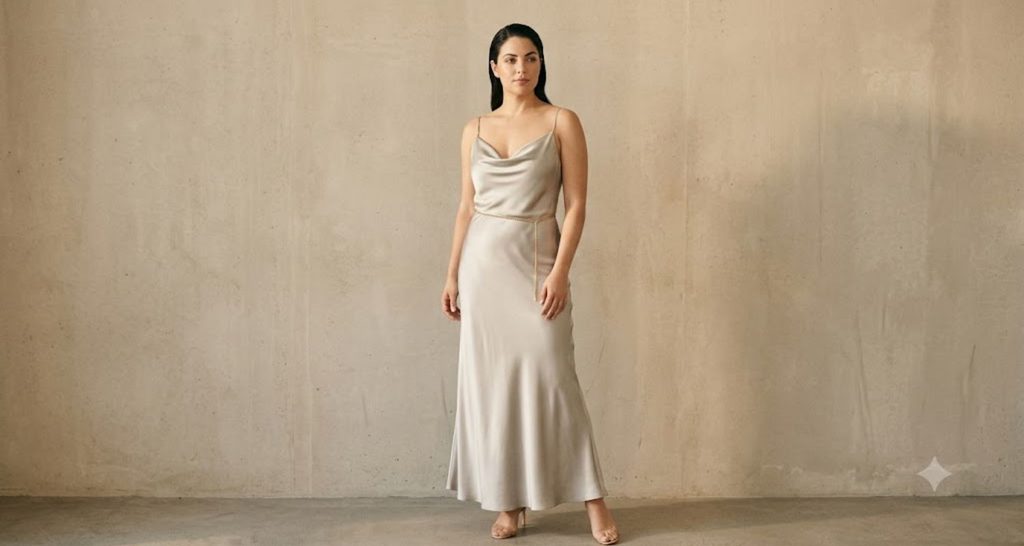 Oyster silk slip dress creating a long lean column on a rectangle body shape