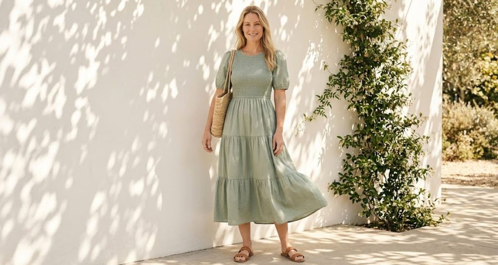 Sage green tiered midi dress adding volume on a rectangle body shape