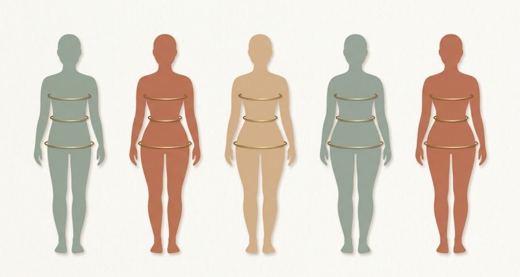 Five female body shape silhouettes showing bust, waist, and hip proportions