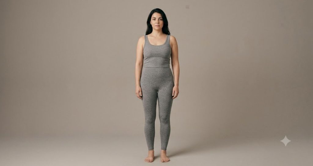 Woman with a rectangle body shape showing shoulders, waist and hips in equal alignment